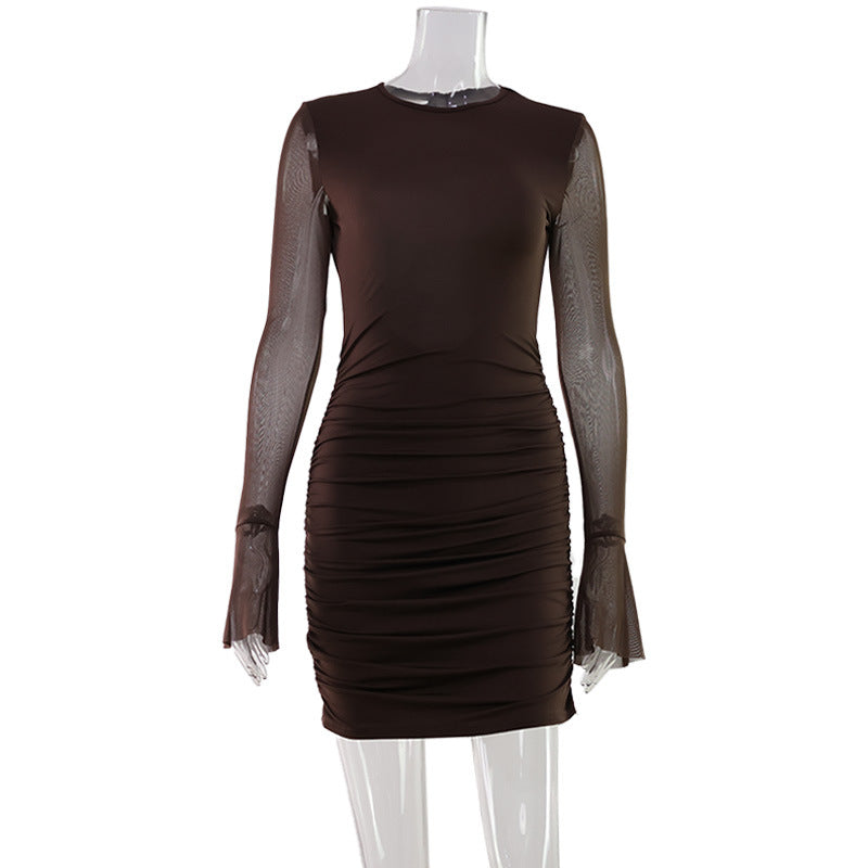 Sexy Women Wear Hollow Out Cutout Backless Mesh Stitching Lightweight Slim Fit Pinch Pleated Sheath Dress Short Dress Women Bella Mia