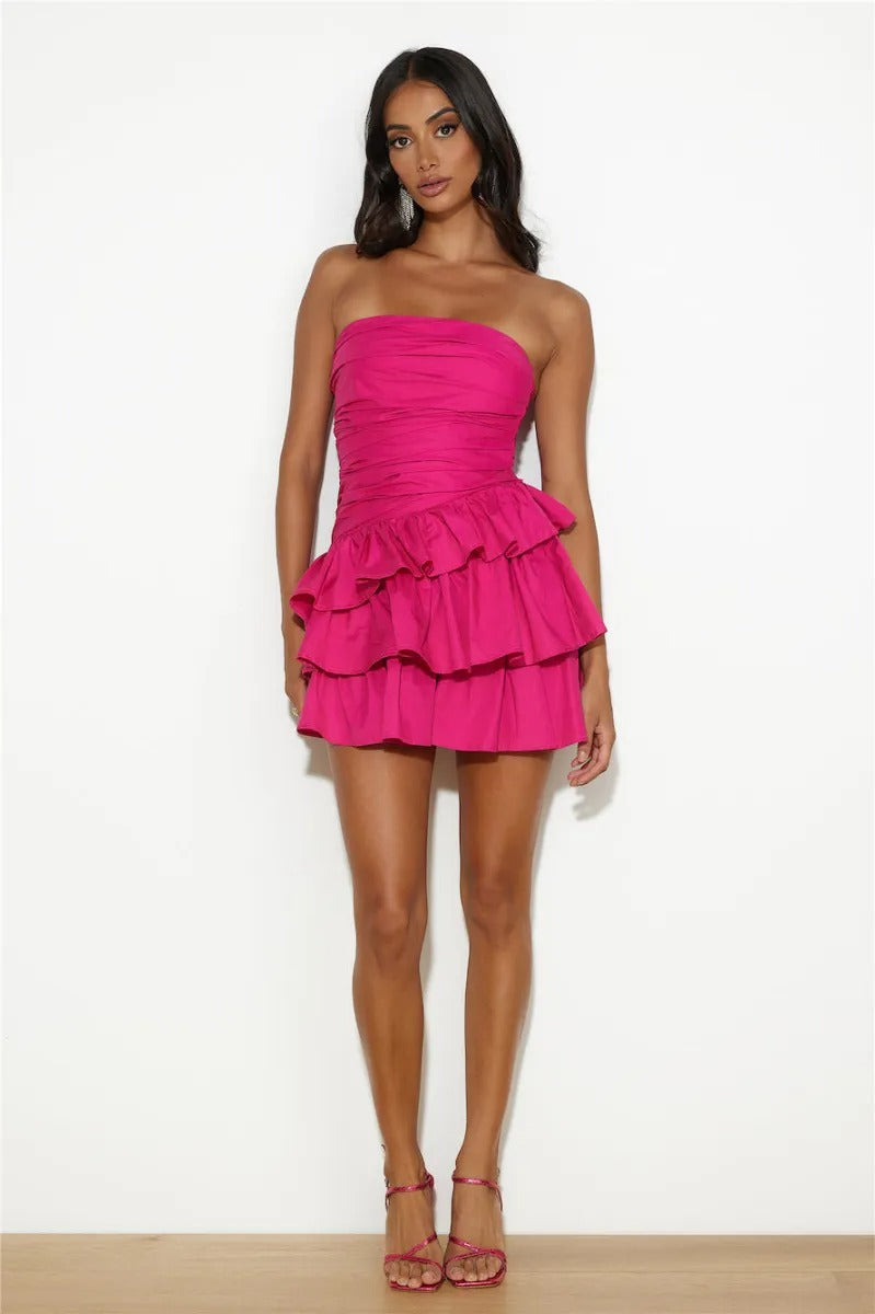 Pleated Solid Color Dress Summer Women All Match Slim Tube Top Cake Dress Bella Mia