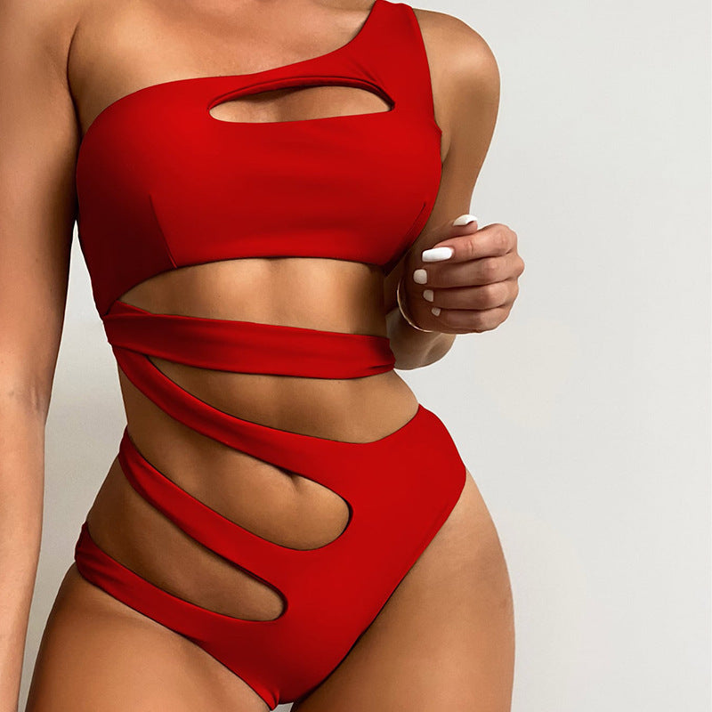 Solid Color One Shoulder Hollow Out Cutout out Swimsuit Women Vacation Travel Beach Spring Swimsuit Bella Mia