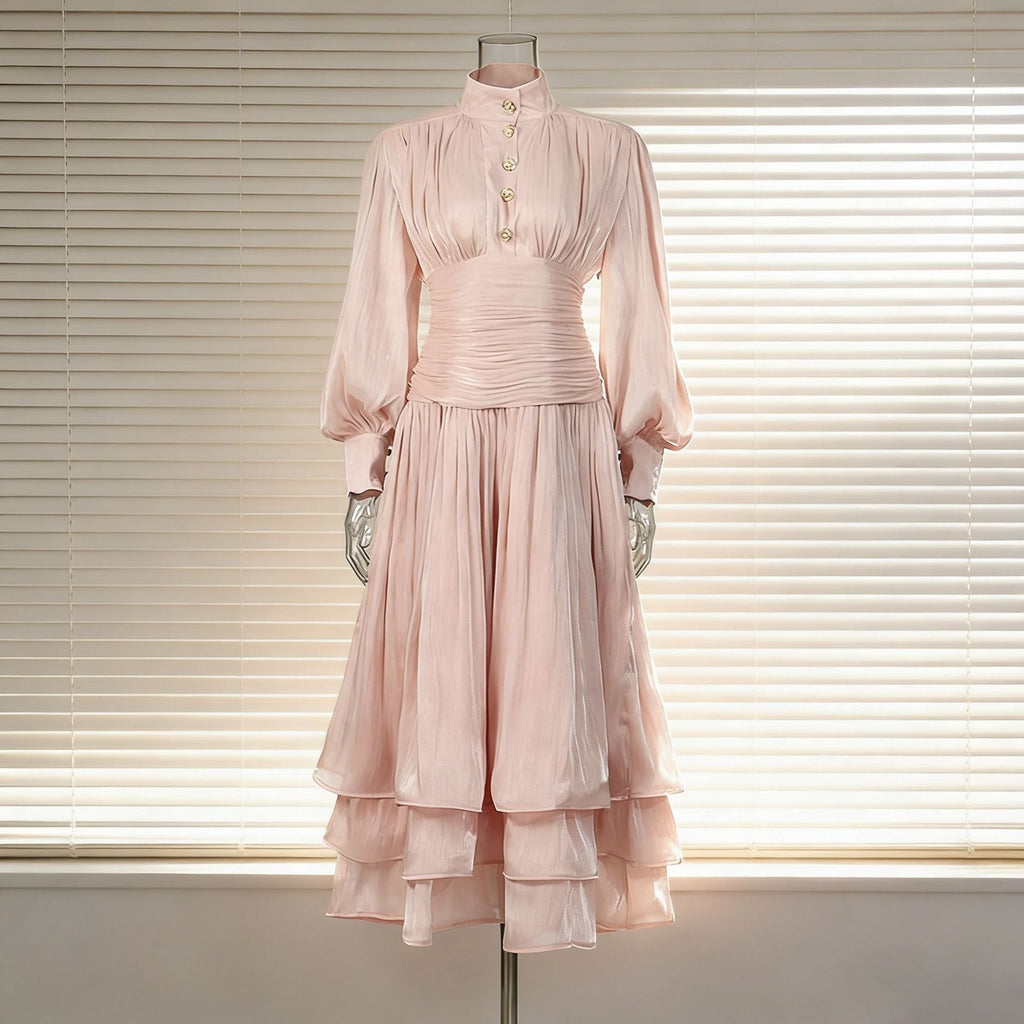 Spring Elegant Retro Lantern Sleeve Breasted Ruffled Maxi Dress Waist Slimming Dress Bella Mia