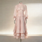 Spring Elegant Retro Lantern Sleeve Breasted Ruffled Maxi Dress Waist Slimming Dress Bella Mia