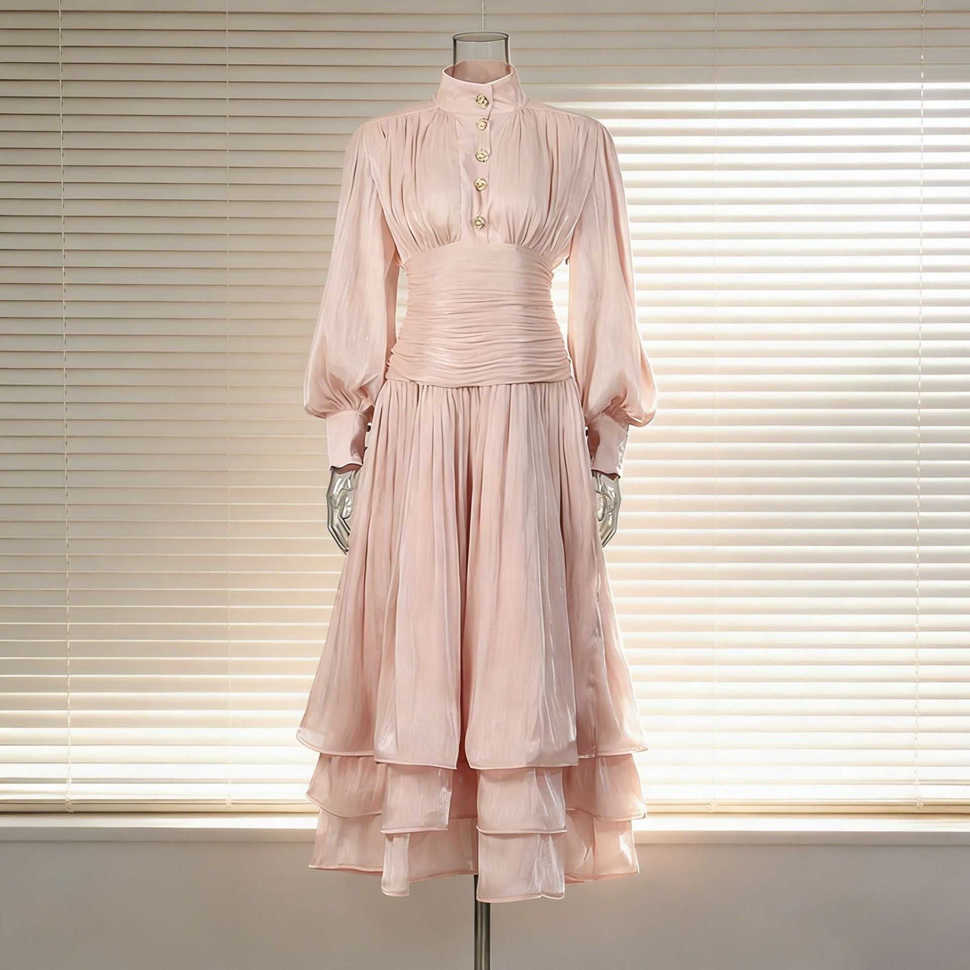 Spring Elegant Retro Lantern Sleeve Breasted Ruffled Maxi Dress Waist Slimming Dress Bella Mia