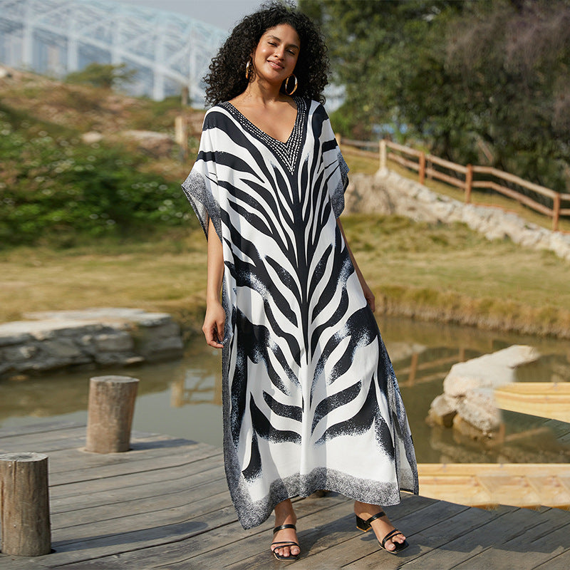 Rayon Positioning Printing Loose Robe Beach Cover-up Maxi Dress Bikini Sun Protection Bella Mia