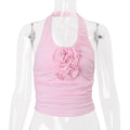 Women Clothing Summer Sexy Pure Want Pleated Floral Decoration Halterneck Vest Top Bella Mia