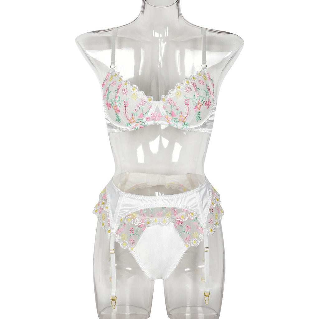 Women Clothing Sexy Lingerie Exquisite Embroidered Floral Stitching Satin Fresh Sweet Three Piece Set Bella Mia