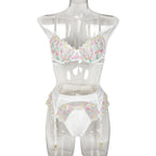 Women Clothing Sexy Lingerie Exquisite Embroidered Floral Stitching Satin Fresh Sweet Three Piece Set Bella Mia