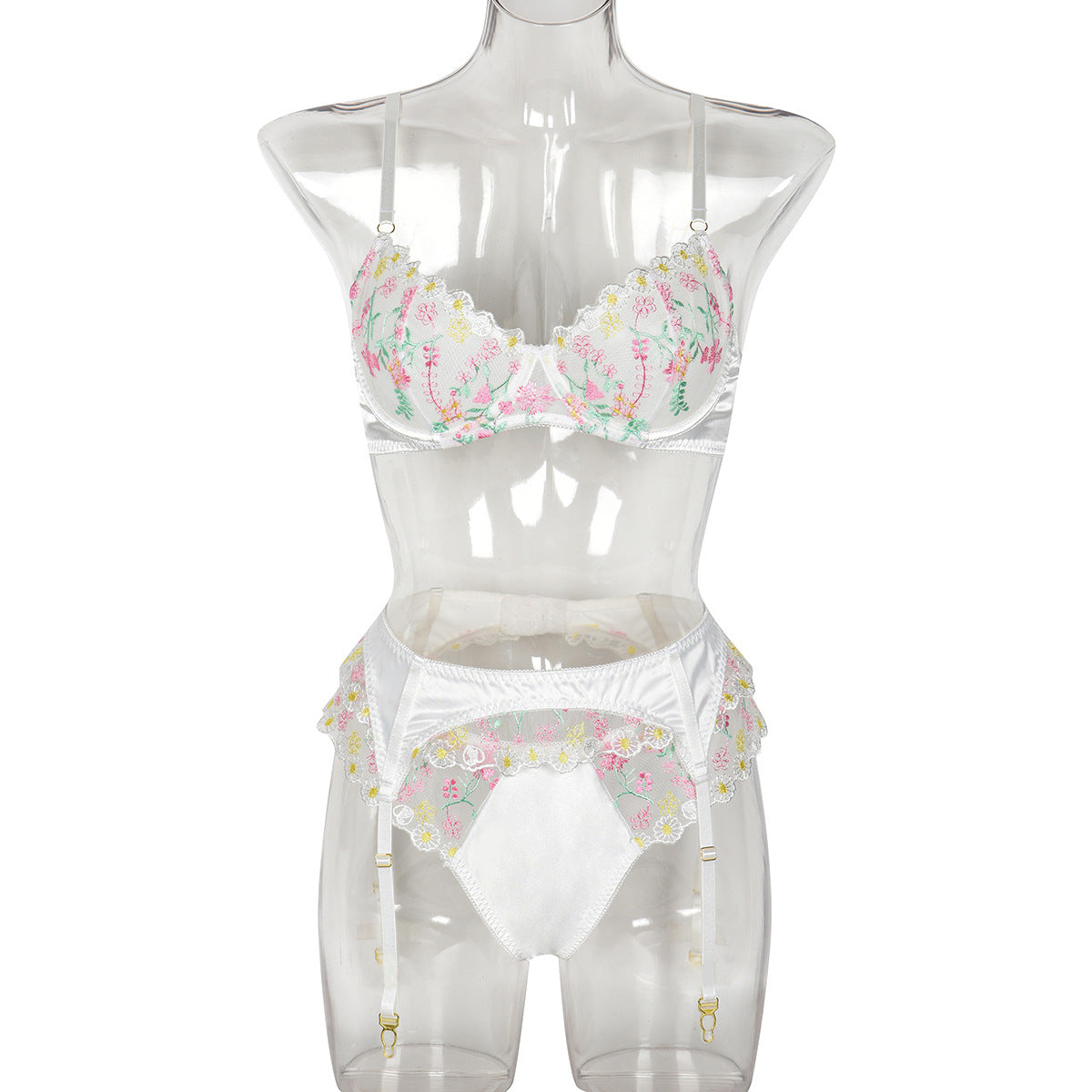 Women Clothing Sexy Lingerie Exquisite Embroidered Floral Stitching Satin Fresh Sweet Three Piece Set Bella Mia