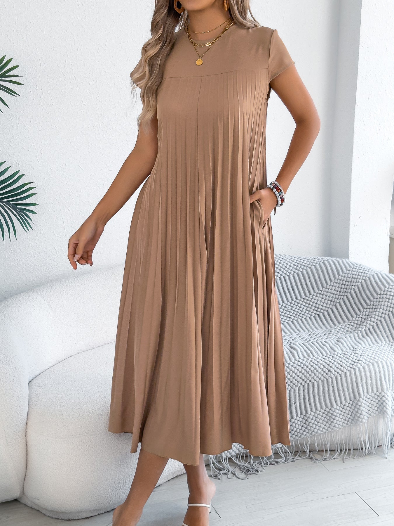 Women Clothing Spring Summer Casual Loose Short Sleeves Pocket Pleated Dress（No Belt）