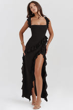 Summer French Strap Wooden Ear Sexy Split Printing Dress Bella Mia