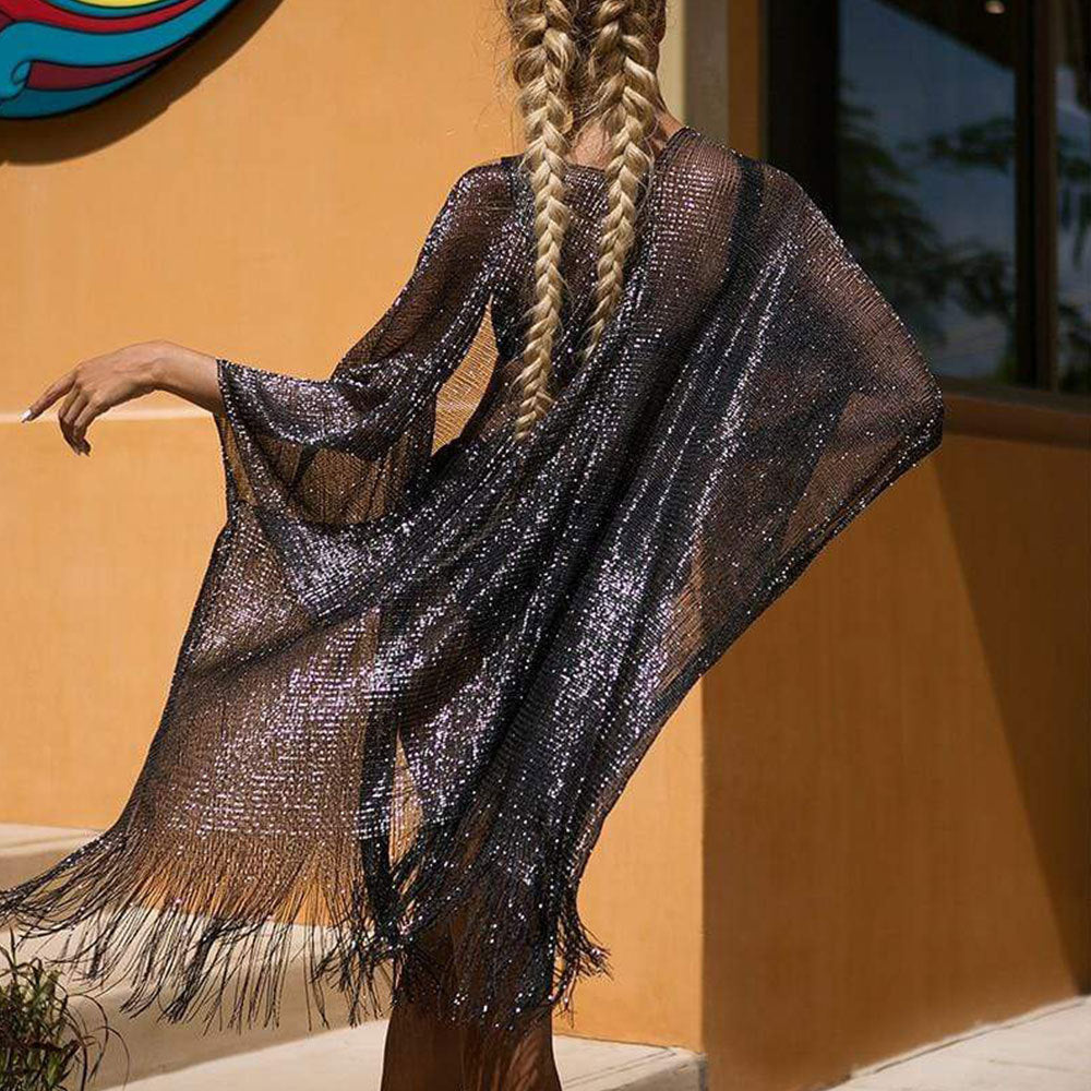 Mesh Gold Silver Silk Beach Cover-up See-through Vacation Sun Protection Cardigan Bikini Outer Overclothes Shirt Bella Mia