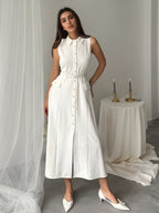 Summer Autumn Arrival Solid Color Sleeveless Belt Pearl Buckle Slim Fit Slit Office Dress Bella Mia