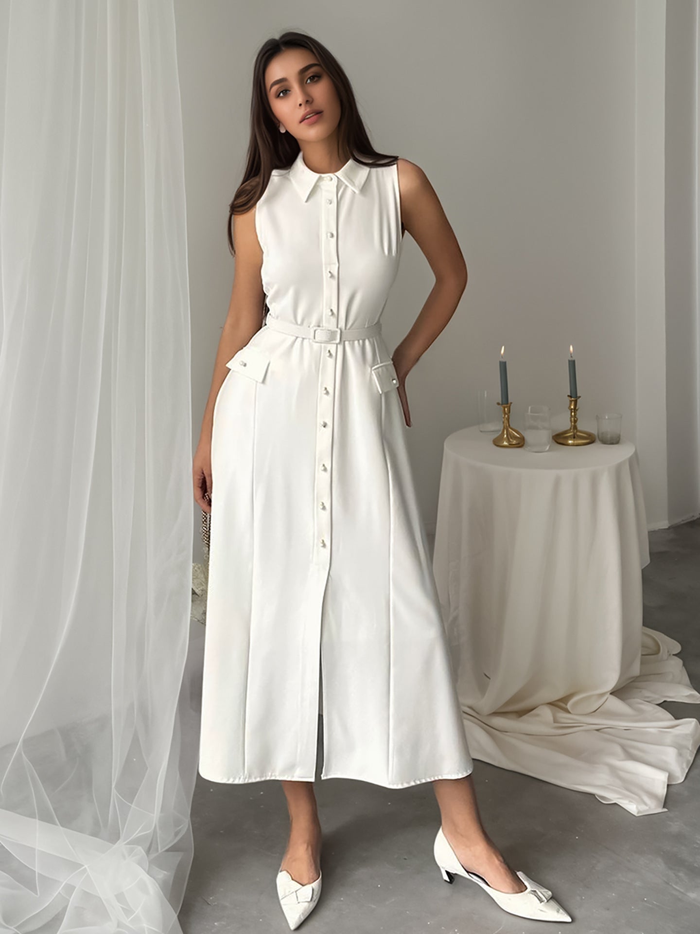 Summer Autumn Arrival Solid Color Sleeveless Belt Pearl Buckle Slim Fit Slit Office Dress Bella Mia