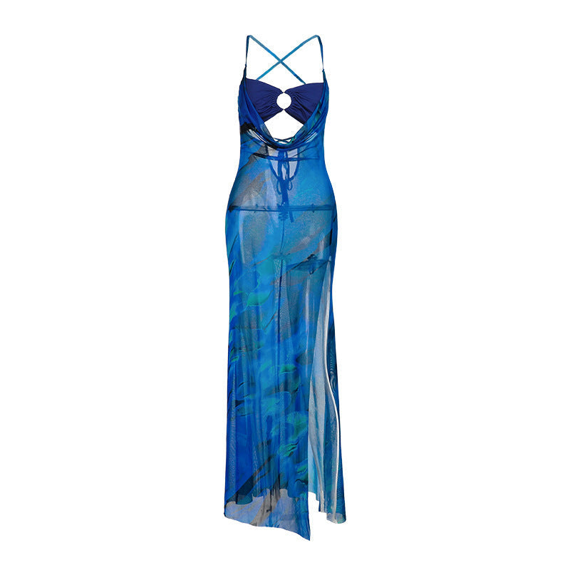 Sexy Print Swing Collar Split Sling Dress Summer Women Clothing Bella Mia