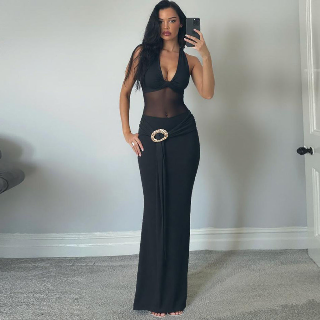 Fall Women Clothing Sexy Mesh Stitching Semi See through Slim Fit Halter Tied Dress Women Bella Mia