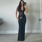 Fall Women Clothing Sexy Mesh Stitching Semi See through Slim Fit Halter Tied Dress Women Bella Mia