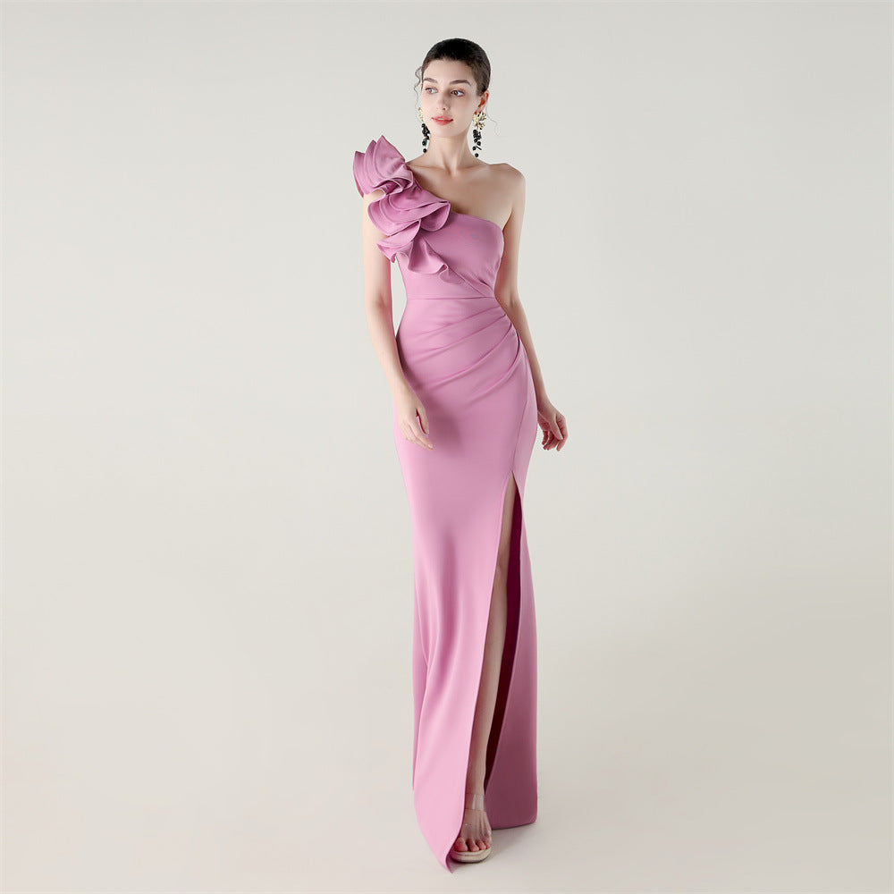 One Shoulder Craft Wave Floral Satin High Slit Sexy Evening Dress Dinner Party Wedding Social Bella Mia