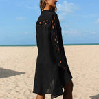 Slub Cotton Patchwork Edge Shirt Sun Protection Cardigan Vacation Beach Coat Bikini Cover up Blouse Bella Mia