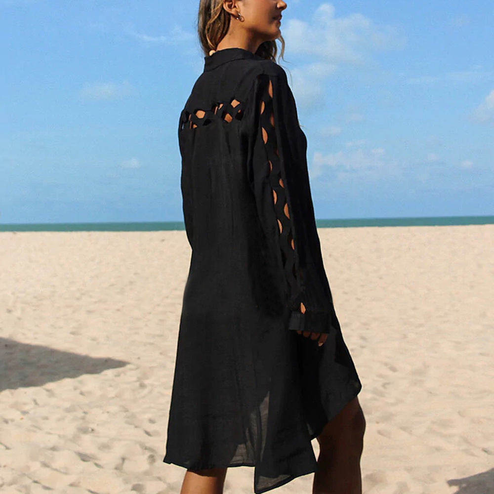 Slub Cotton Patchwork Edge Shirt Sun Protection Cardigan Vacation Beach Coat Bikini Cover up Blouse Bella Mia