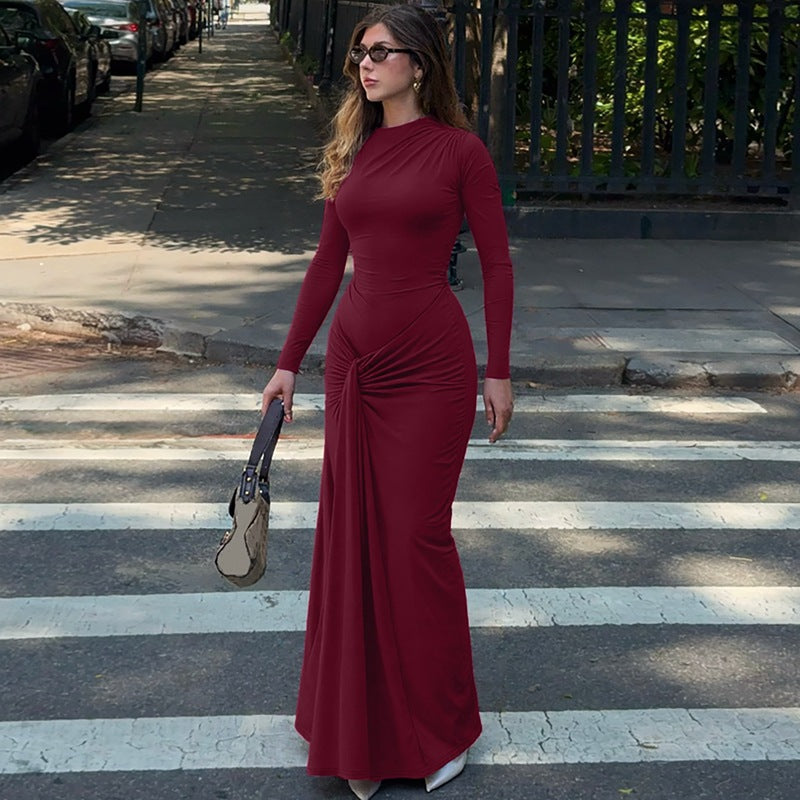 Women Clothing Summer Waist Controlled Lace up Sheath Dress Solid Color Slim Fit Long Sleeves Dress Bella Mia