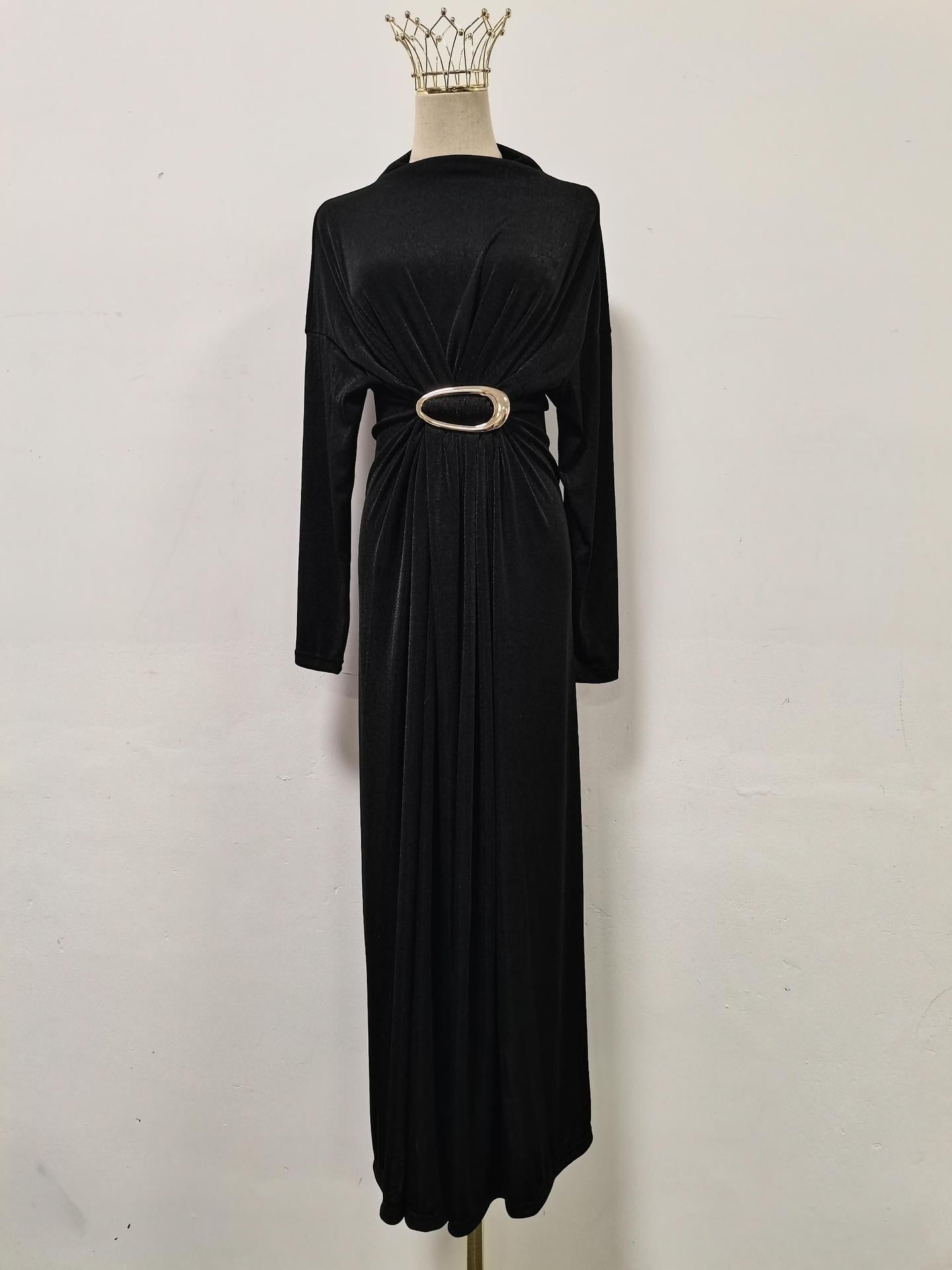 Fall Retro Metal Decorative Waist Slimming Half Turtleneck High Waist Maxi Dress for Women Bella Mia
