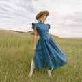 Pastoral Blue Stand Up Collar Denim Like Ruffled Flounced Sleeve Women Dress With Single Breasted Design Vacation