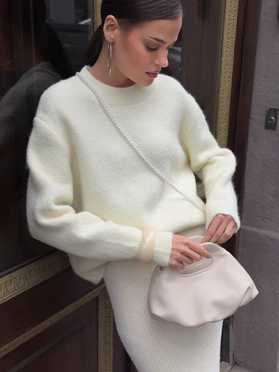 Women Autumn Winter Loose Long Wool Alpaca round Neck Sweater Bella Mia