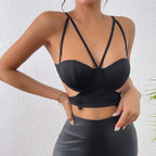 Women Clothing Advanced Design Deep V Plunge Steel Ring Chest Support Knotted Multi Strap Vest Bella Mia