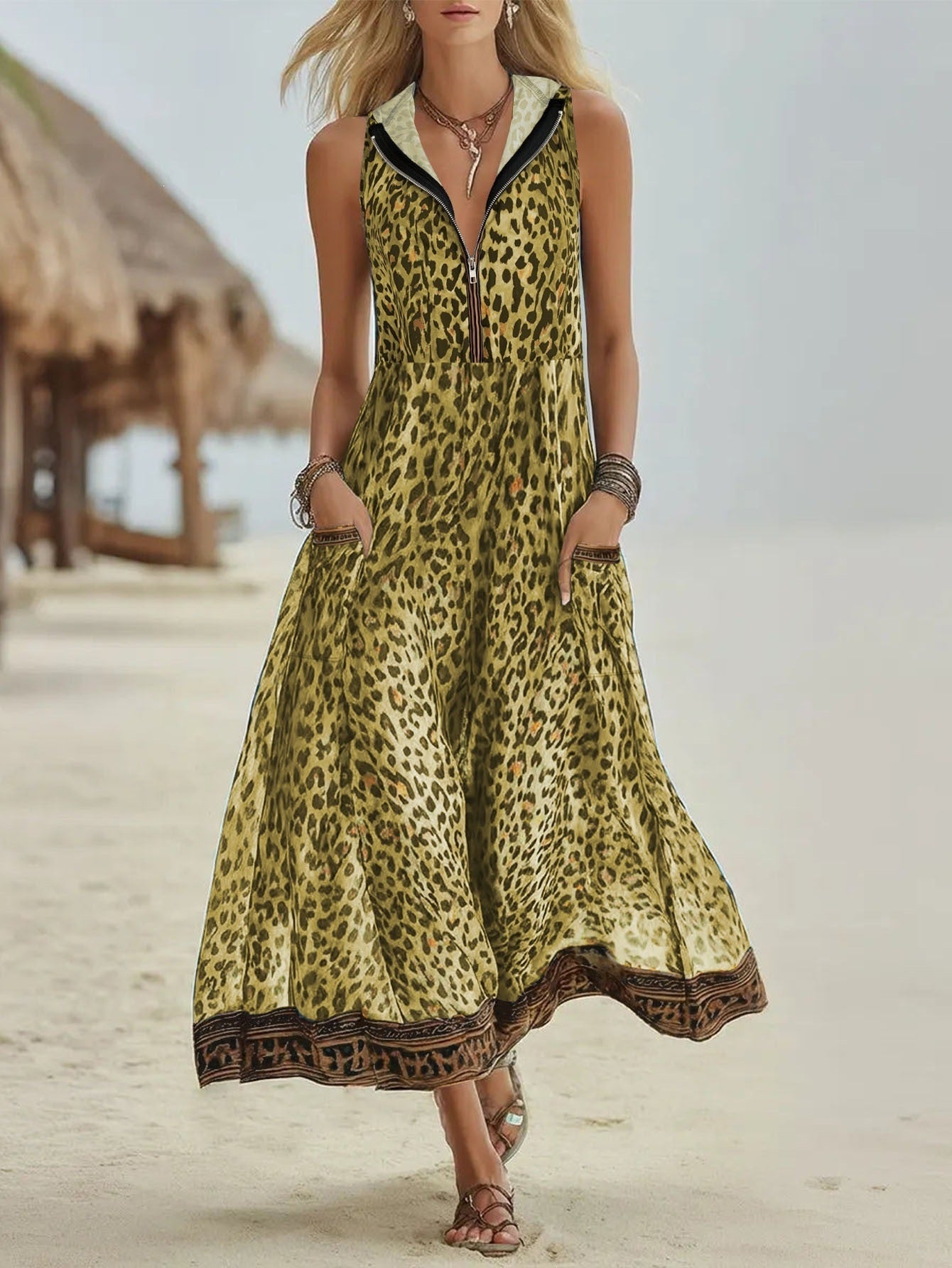 Casual Leopard Print Printed Dress Hooded Zipper Pocket Beach Dress