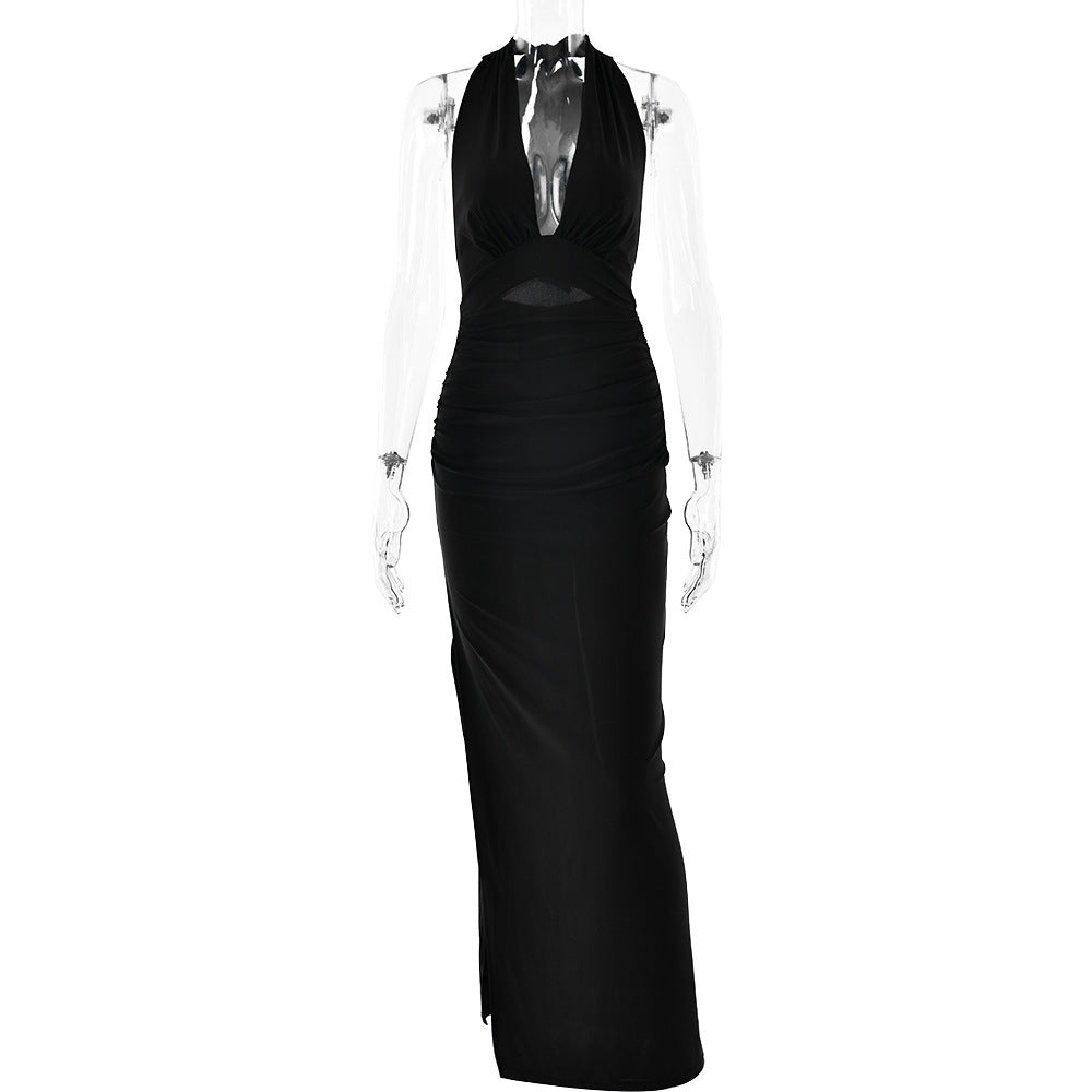 Summer Sexy V neck Halter Backless Dress Solid Color Split Dress Bella Mia