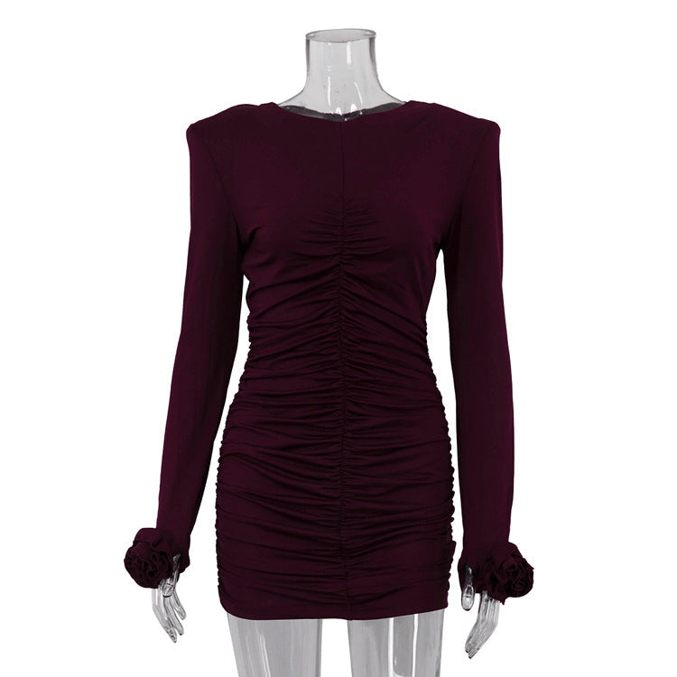 Women Clothing Sexy Nightclub Dress Pullover round Neck Long Sleeves Pleating Skinny Hip Bella Mia