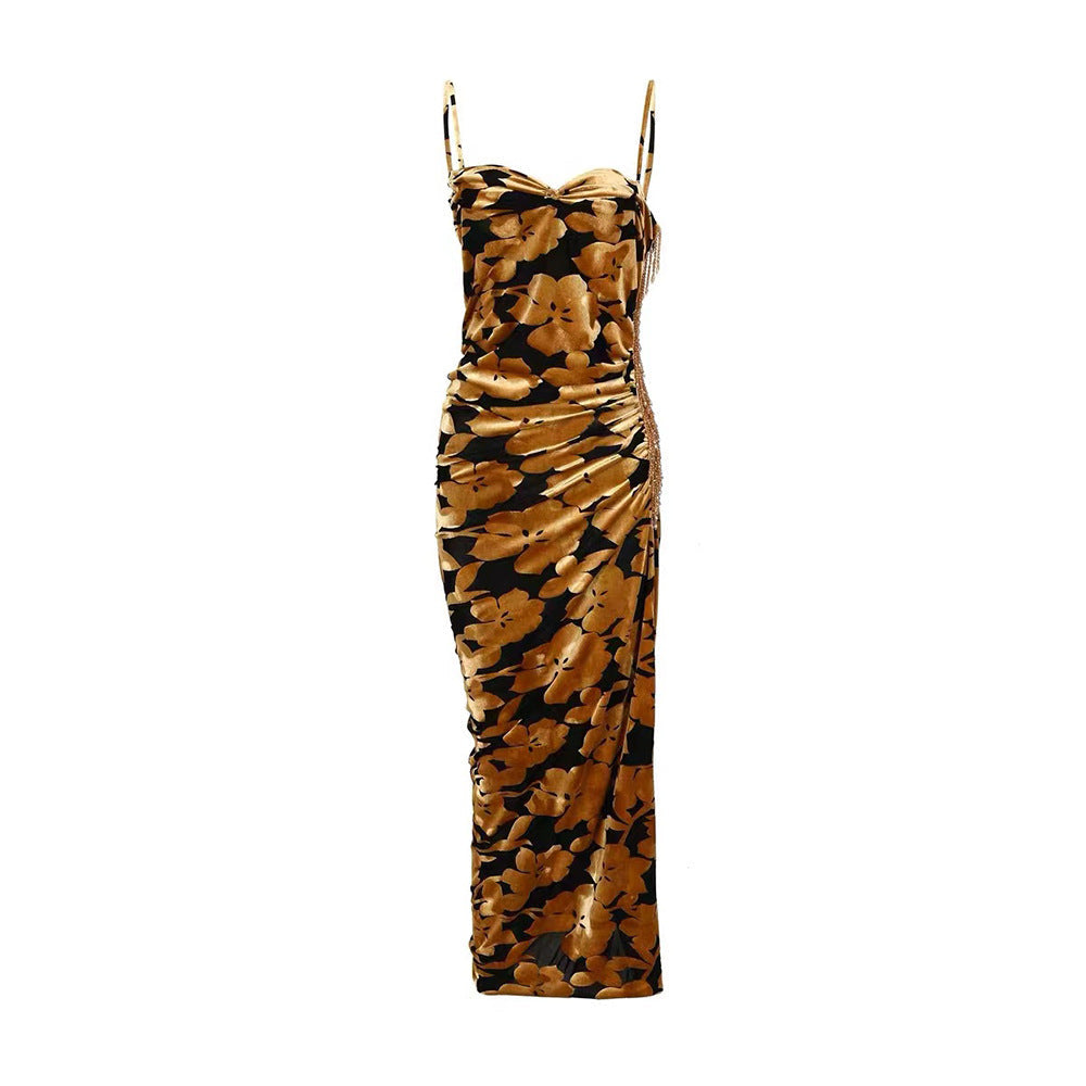 Summer V neck Velvet Cami Dress Sexy Pleated Beaded Tassel Printed Midi Dress Bella Mia