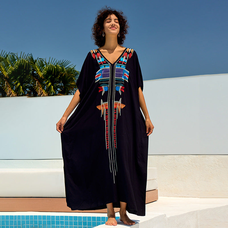 Rayon Embroidered Loose Maxi Dress Beach Jacket Vacation Maxi Dress Beach Cover Up Bella Mia