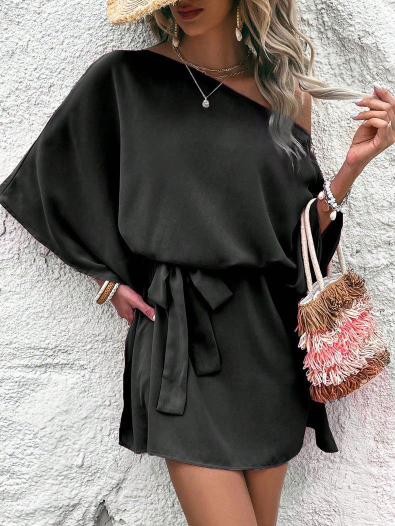 Women Clothing Satin off Shoulder Satin Dress Asymmetric High Waist Dress Bella Mia