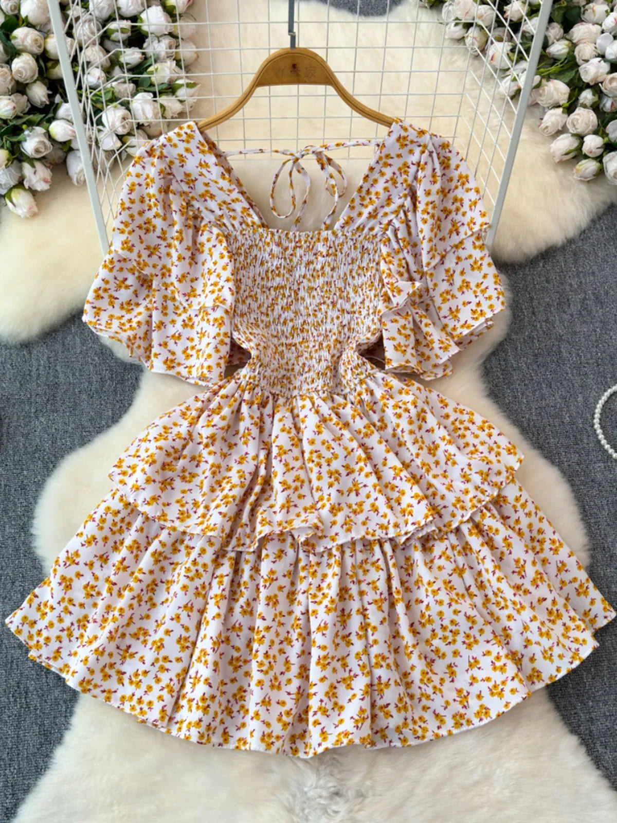 Design Summer Ruffle Sleeve Retro Pleated Floral Skirt