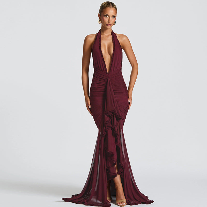 Summer Mesh Stitching Elegant Dress Maxi Dress V neck Halter Backless Sexy Dress Women Bella Mia