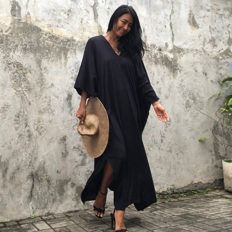 Rayon Solid Color Blouse Seaside Vacation Dress Loose Overclothes Bikini Swimsuit Robe Outer Wear Women Bella Mia