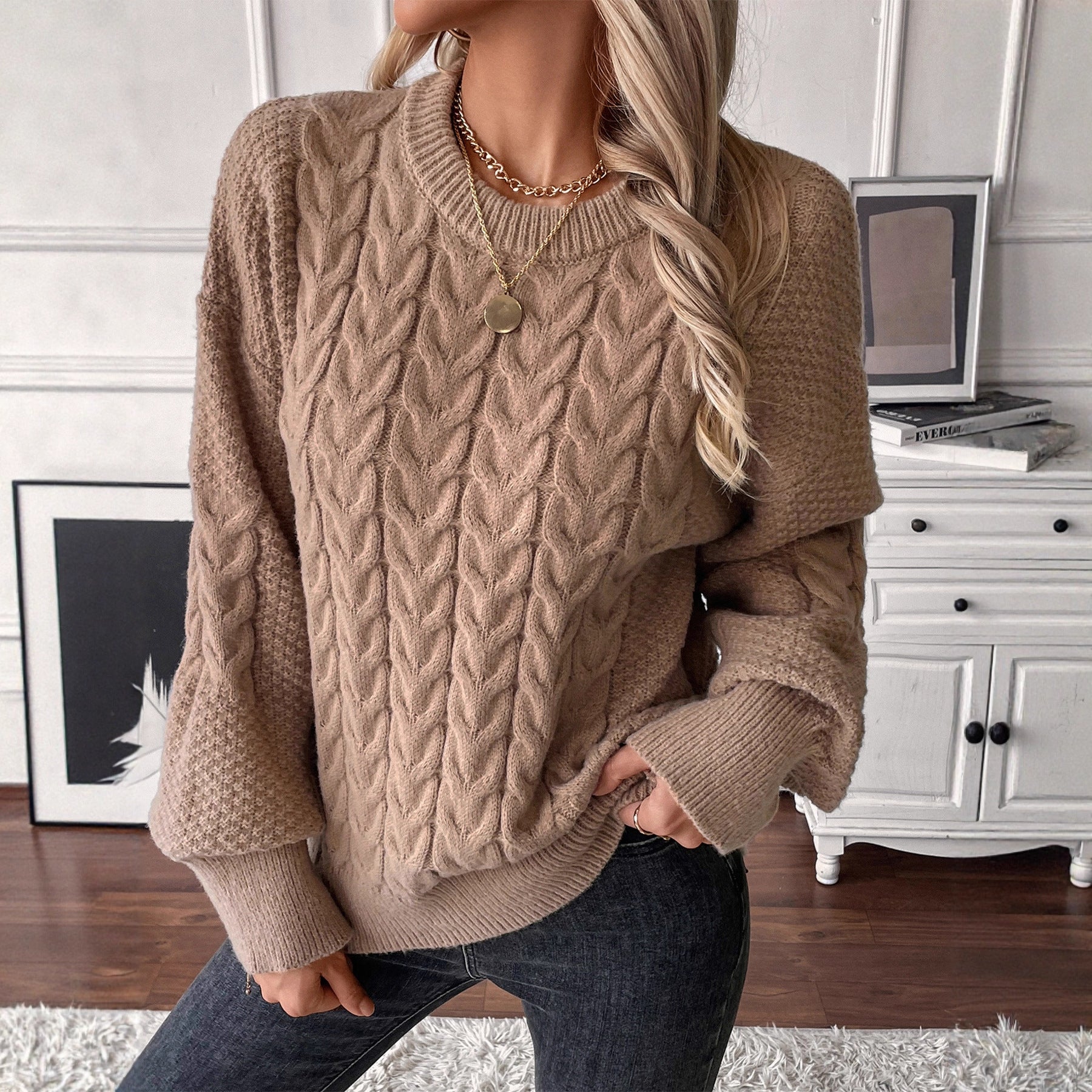 Women Pullover Sweater Autumn Winter Lazy Wind round Neck Solid Color Twist Casual Loose Outer Wear Knitted Top Bella Mia