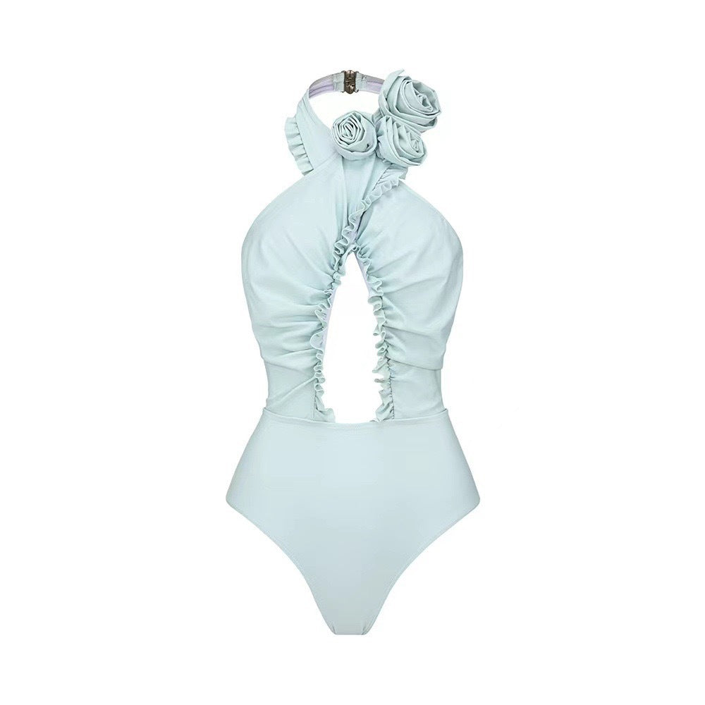 Lonkey French Two Sets Women Swimsuit Solid Color Flying Edge Cross Hollow Out Cutout-out Swimsuit Women Bella Mia