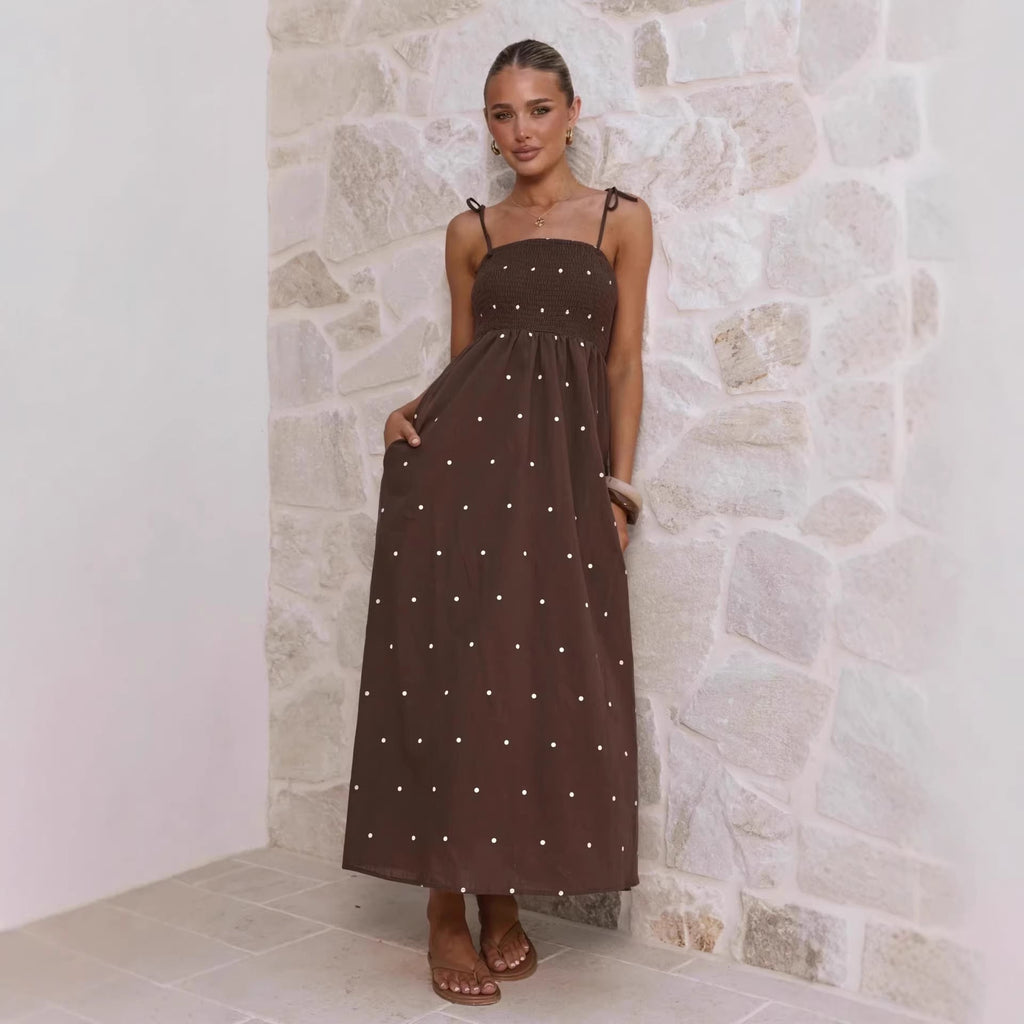 Polka Dot Printing Slip Dress Summer Tied High Waist Dress Women Dress