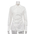 Cotton White Collared Long Sleeve Waist Women Shirt Cross Design Irregular Asymmetric Cardigan Top Bella Mia