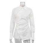 Cotton White Collared Long Sleeve Waist Women Shirt Cross Design Irregular Asymmetric Cardigan Top Bella Mia