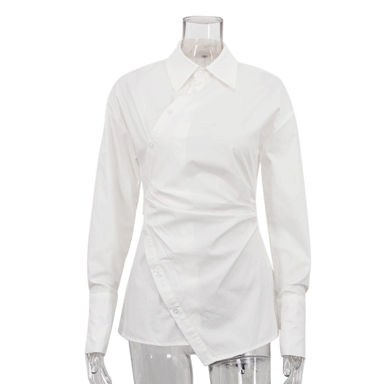Cotton White Collared Long Sleeve Waist Women Shirt Cross Design Irregular Asymmetric Cardigan Top Bella Mia