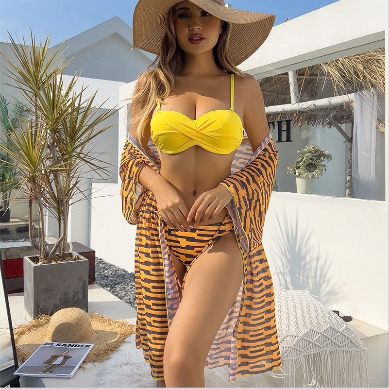 Lonkey Mesh Three Piece Swimsuit Women's Digital Printing Twist Bag Sun Protection Clothing Bella Mia