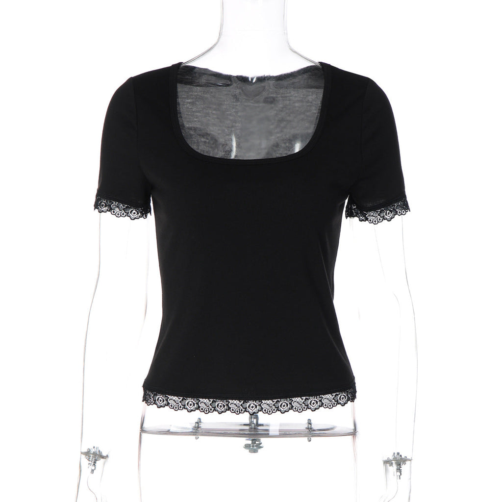 Women Summer Lace Stitching T shirt Slim U Neck Bottoming Top