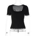 Women Summer Lace Stitching T shirt Slim U Neck Bottoming Top