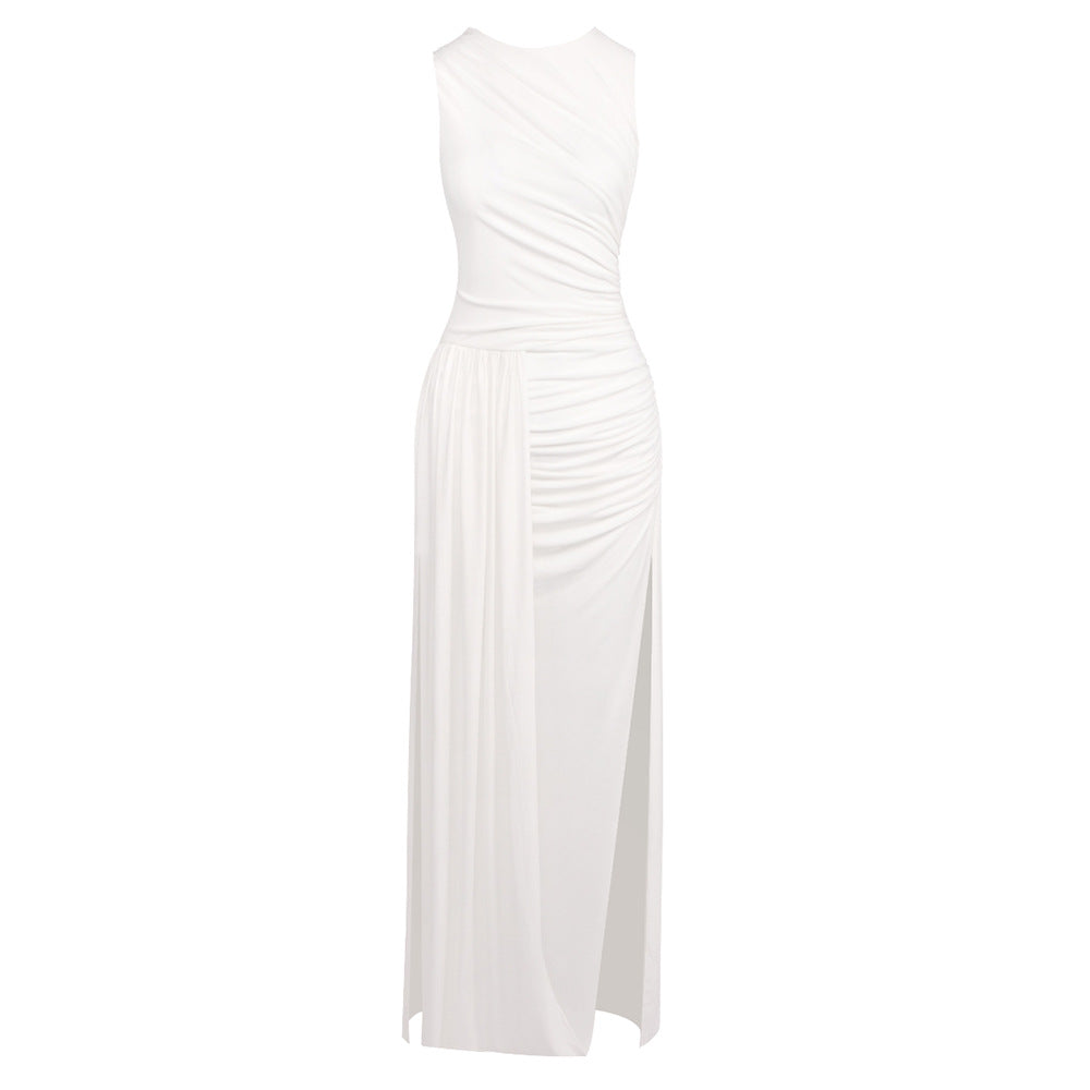 Hip Dress Summer Solid Color Dress round Neck Sleeveless Split Irregular Asymmetric Maxi Dress Bella Mia