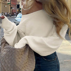 Gentle Diagonal Collar Loose Drawstring Slim Fit Solid Color Sweater Sexy Strapless All Matching Short Top Bella Mia