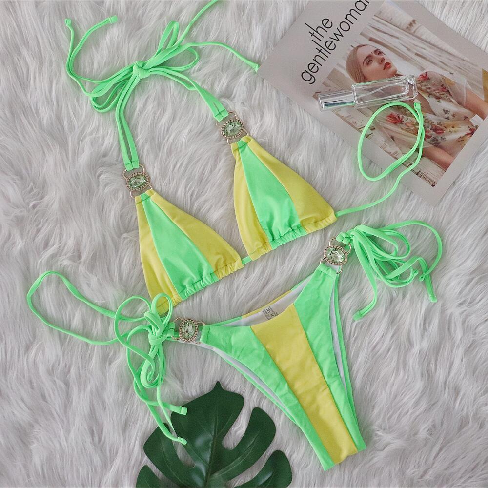 Sexy Crystal Diamond Bikini Solid Color Patchwork Bandage Swimsuit Vacation Split Women Swimsuit Bella Mia