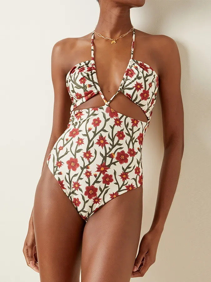 Two Piece Swimsuit Conservative Hollow Out Cutout out Tied Halter Sheath Gauze Skirt Swimsuit for Women Bella Mia