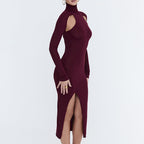 Women Sexy Slim Deep Cerise Hollow Out Cutout Split Mid Length Dress Bella Mia